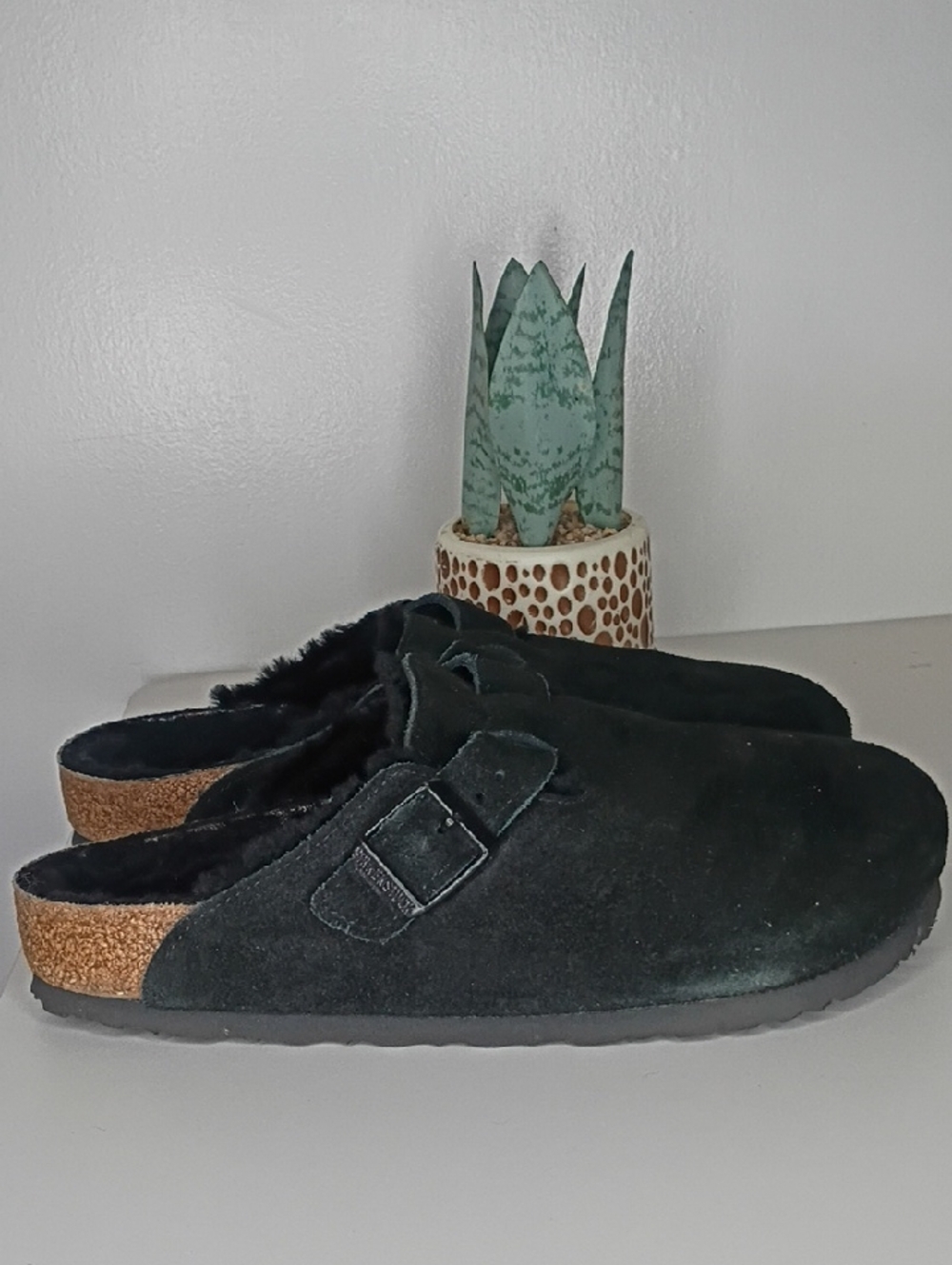 Birkenstock Boston Shearling Clogs Black Suede Leather Size 39 (US Women's 8)